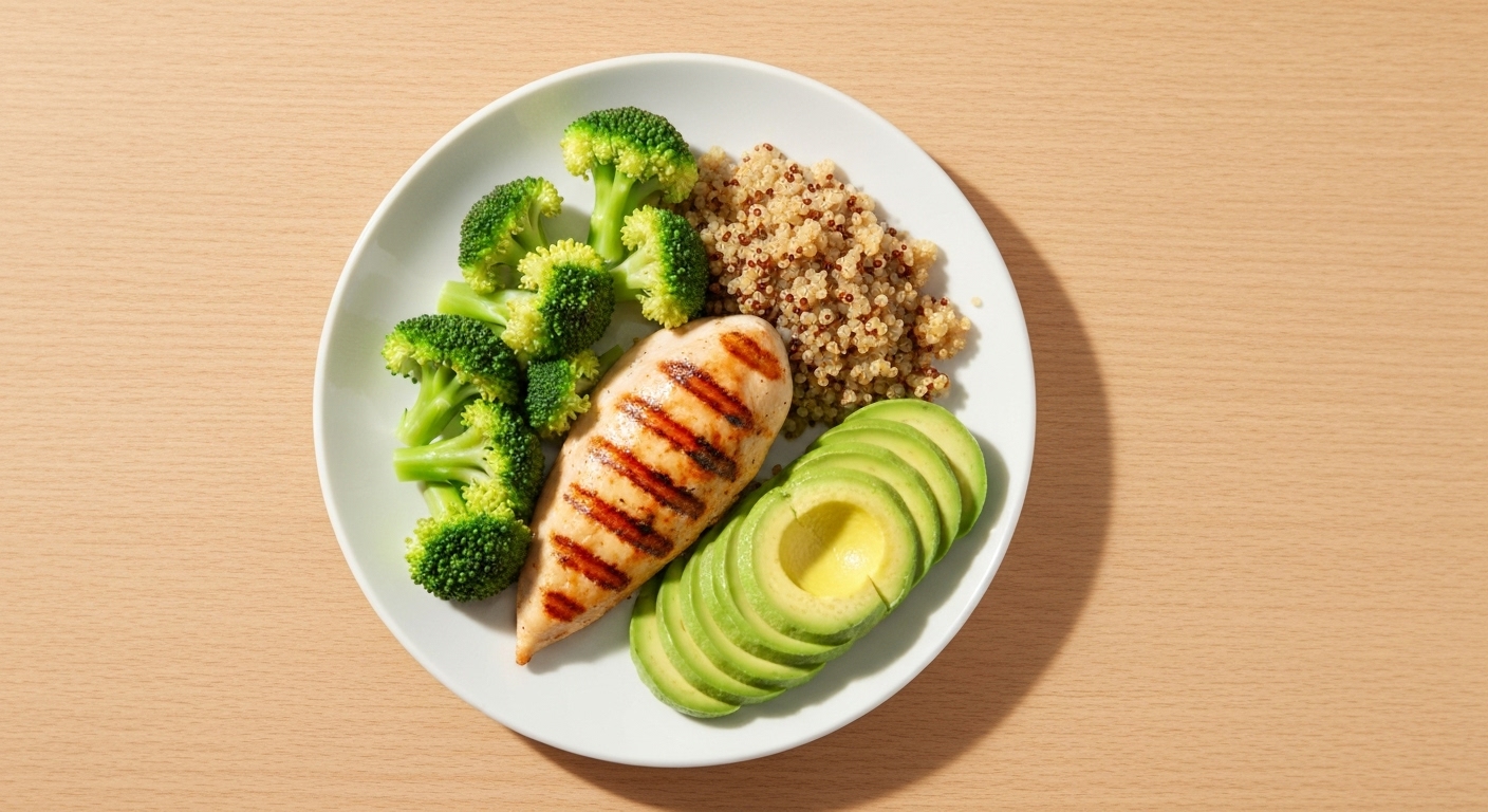 Hình ảnh một bữa ăn lành mạnh với nhiều rau xanh, protein nạc và ngũ cốc nguyên hạt, hỗ trợ giảm cân.