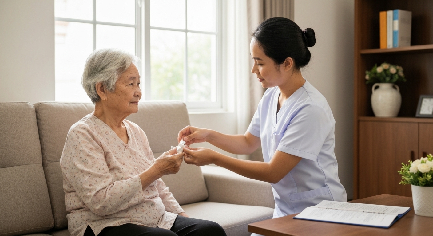 Hình ảnh người chăm sóc đang hỗ trợ bệnh nhân tại nhà, thể hiện sự tận tâm và chuyên nghiệp.
