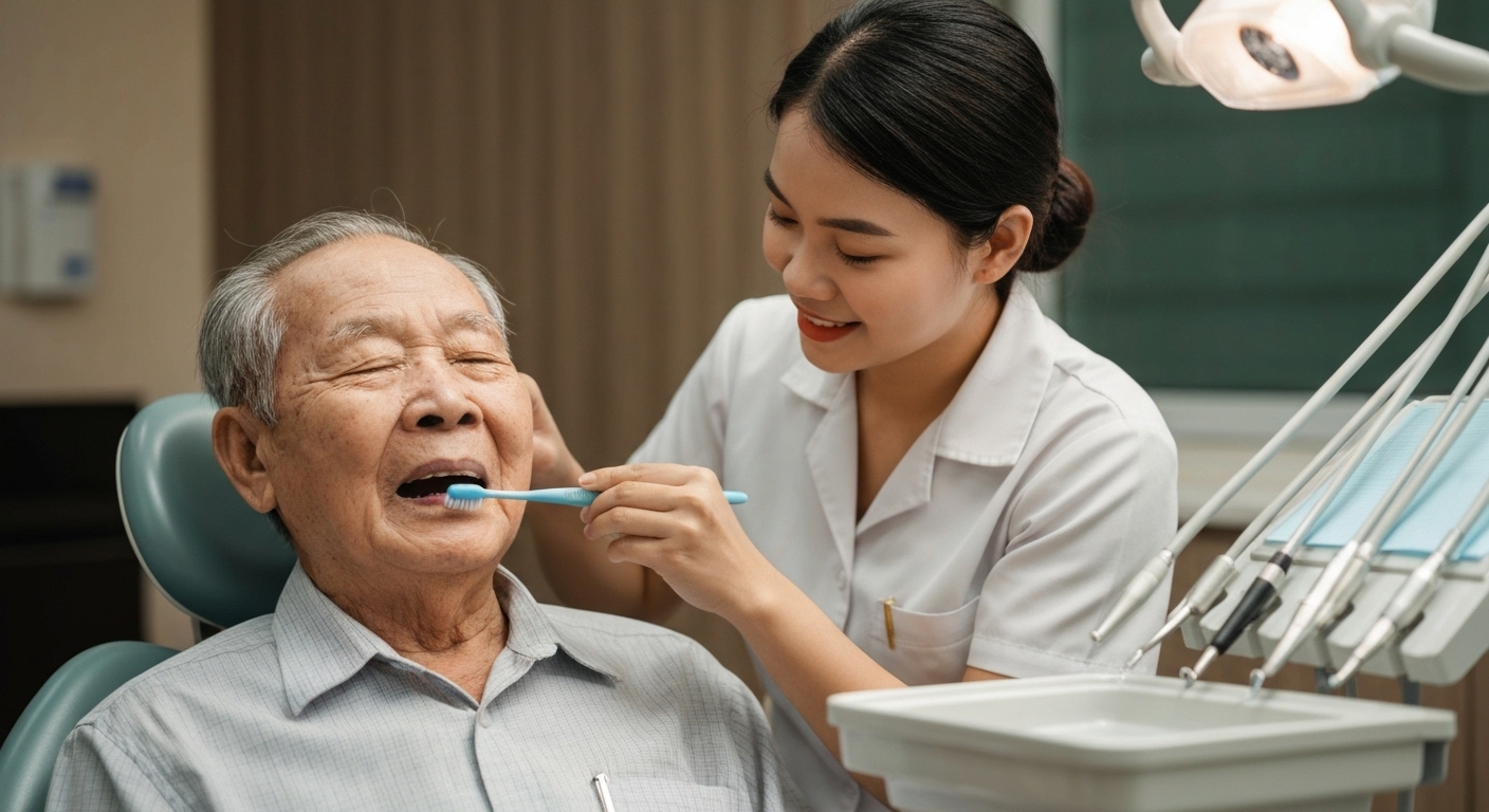 Hình ảnh người lớn tuổi đang được chăm sóc răng miệng bởi một người chăm sóc.