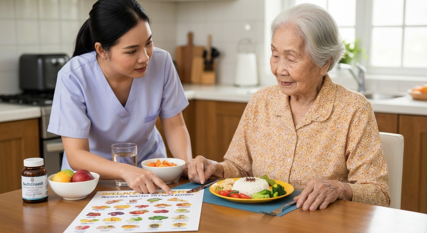 Chăm sóc dinh dưỡng cho người già tại nhà, đảm bảo chế độ ăn uống cân bằng.