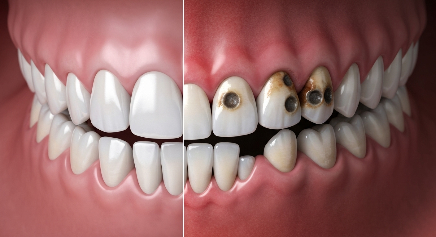 Hình ảnh minh họa các hậu quả của việc không chăm sóc răng miệng, như sâu răng, viêm nướu và mất răng.