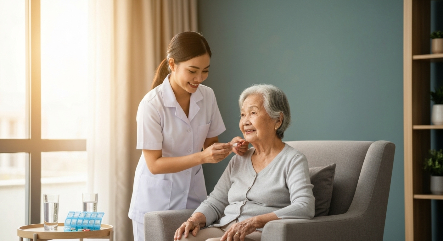 Hình ảnh điều dưỡng viên chăm sóc bệnh nhân tại nhà, minh họa dịch vụ chăm sóc tại nhà