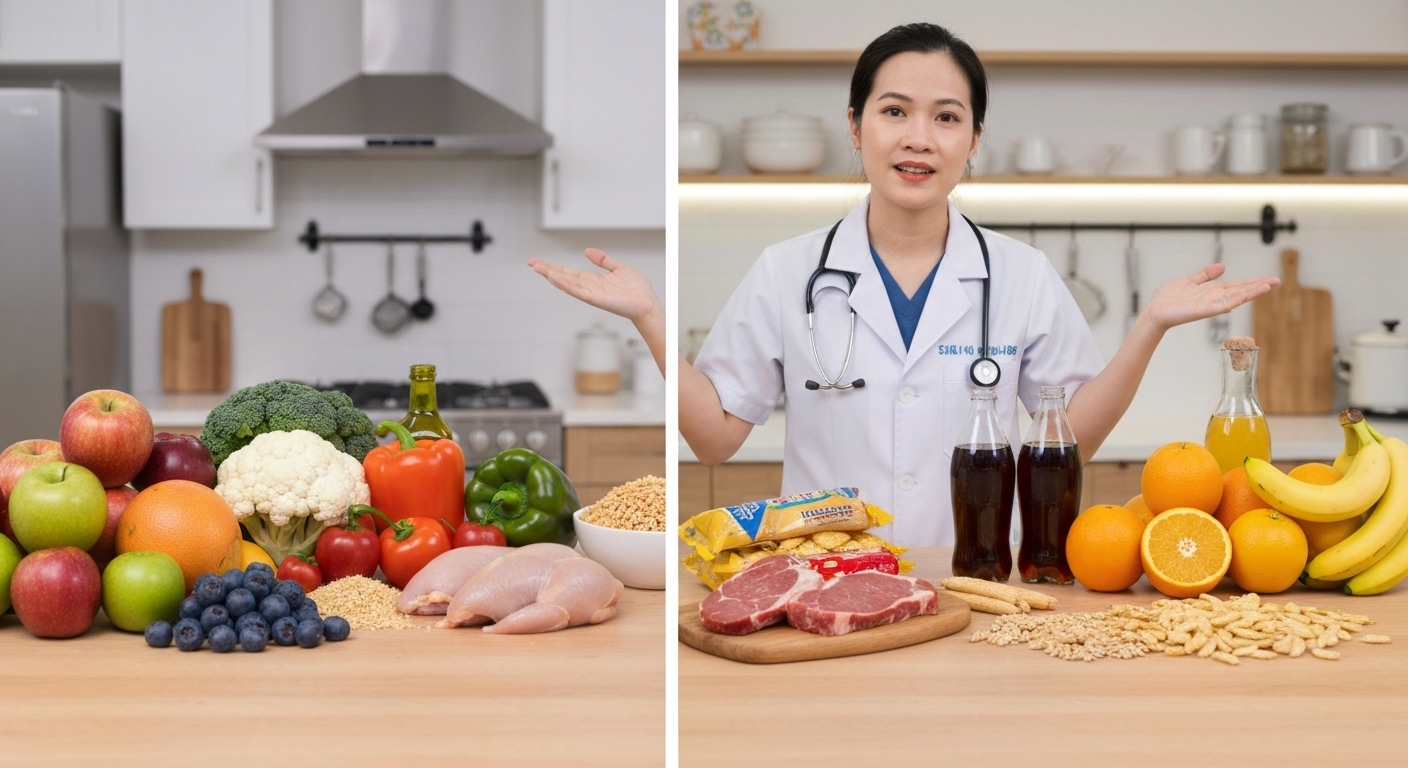 Hình ảnh minh họa các loại thực phẩm tốt cho bệnh nhân thận và những thực phẩm cần hạn chế