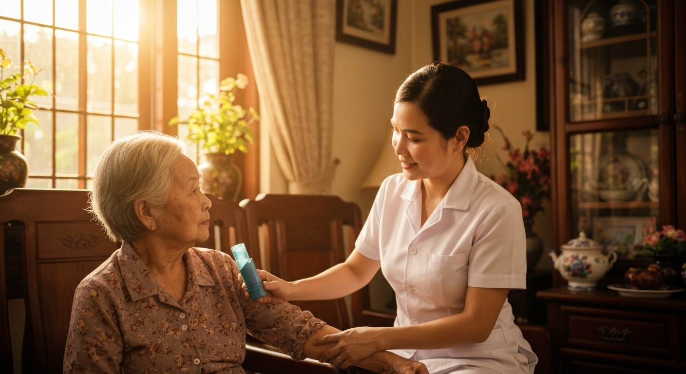 Hình ảnh minh họa về y tá chăm sóc bệnh nhân hen suyễn tại nhà