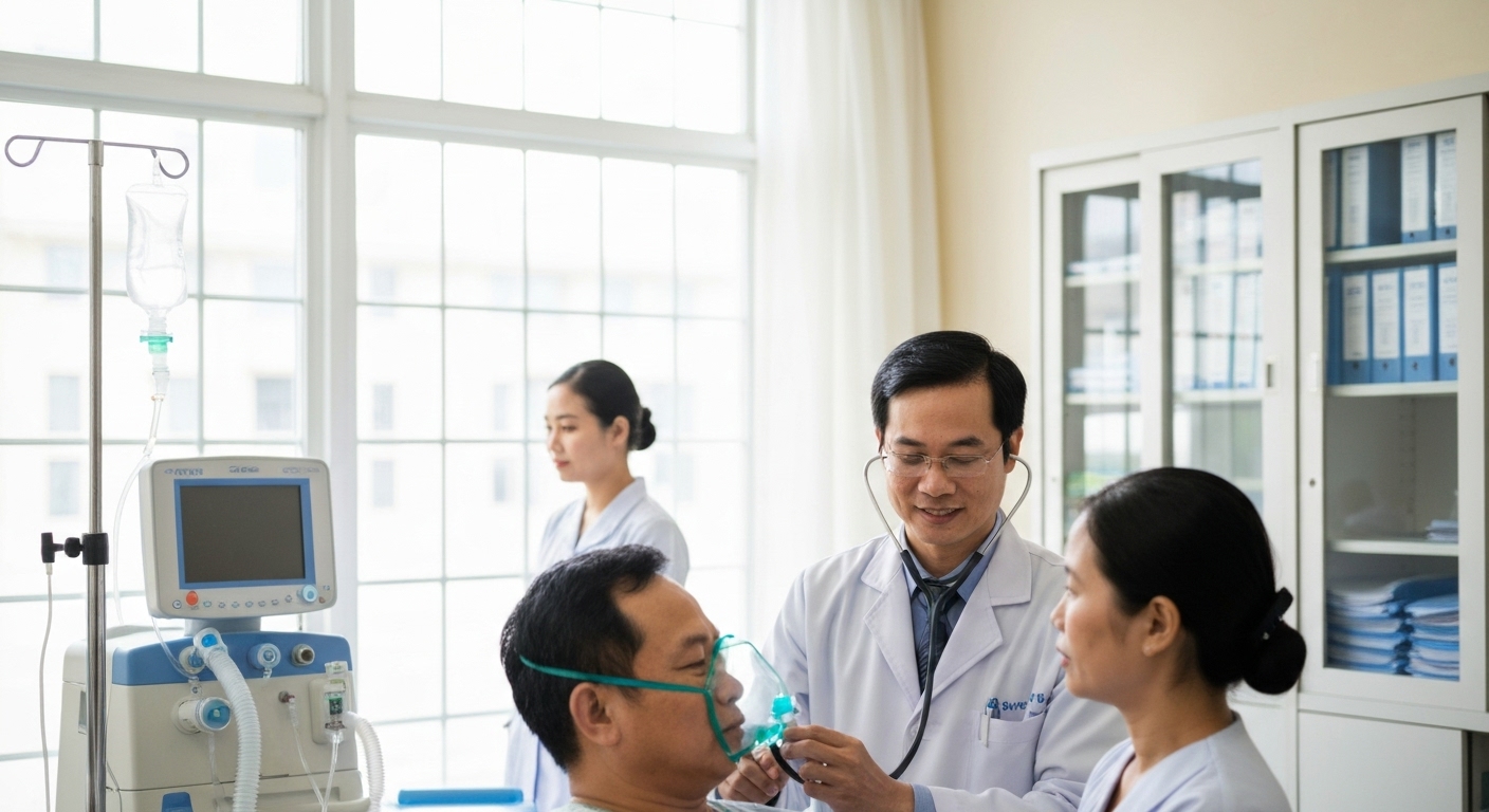 Hình ảnh minh họa chăm sóc hô hấp toàn diện, với sự tham gia của bác sĩ, điều dưỡng và bệnh nhân.