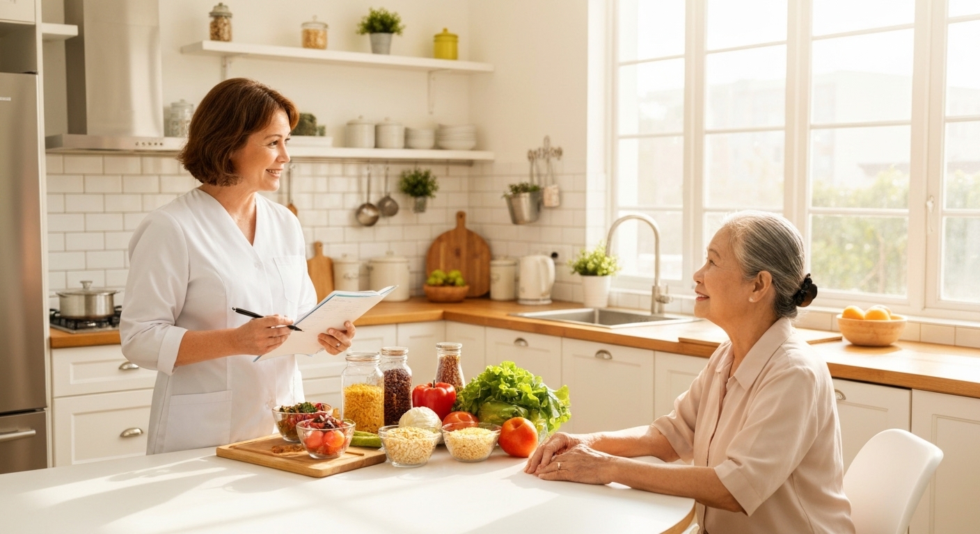Chuyên gia dinh dưỡng đến thăm và kiểm tra chế độ ăn uống của bệnh nhân tại nhà.