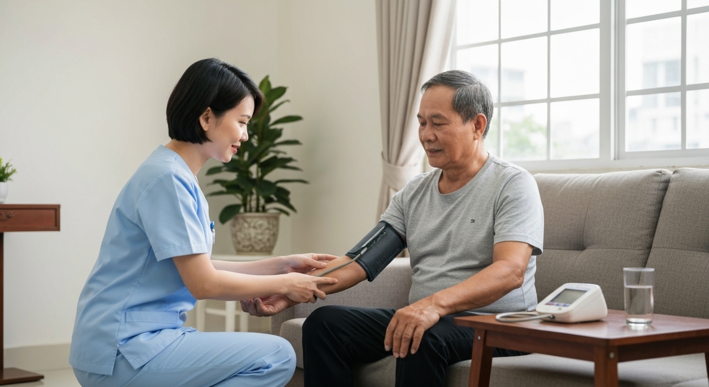 Nhân viên y tế chăm sóc bệnh nhân tại nhà, đảm bảo sự thoải mái và tiện lợi.