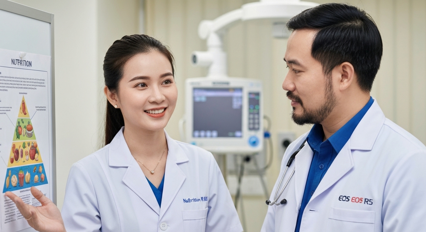 Hình ảnh chuyên gia dinh dưỡng đang trao đổi với bác sĩ về chế độ ăn uống cho bệnh nhân trong bệnh viện.