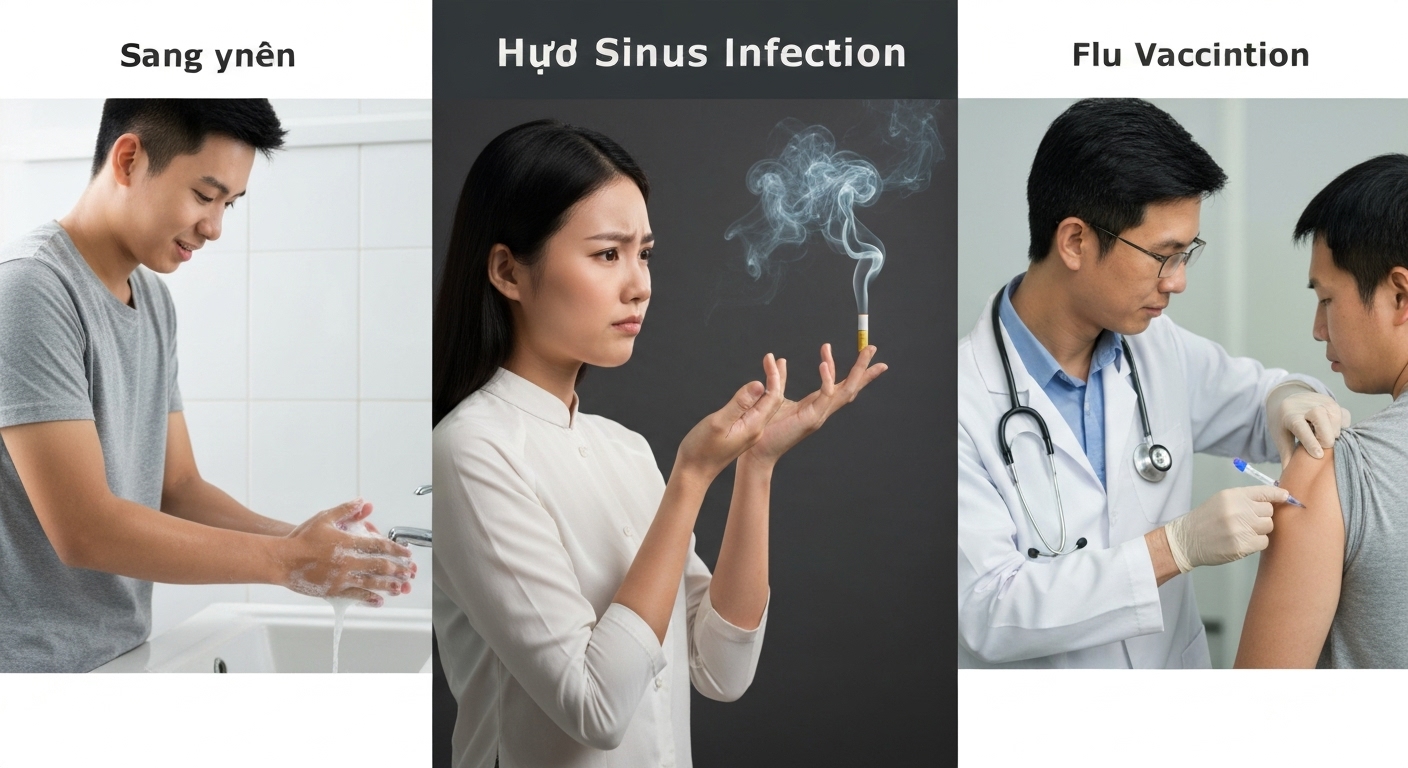 Hình ảnh minh họa các biện pháp phòng ngừa viêm xoang, bao gồm rửa tay thường xuyên, tránh khói thuốc và tiêm phòng cúm.