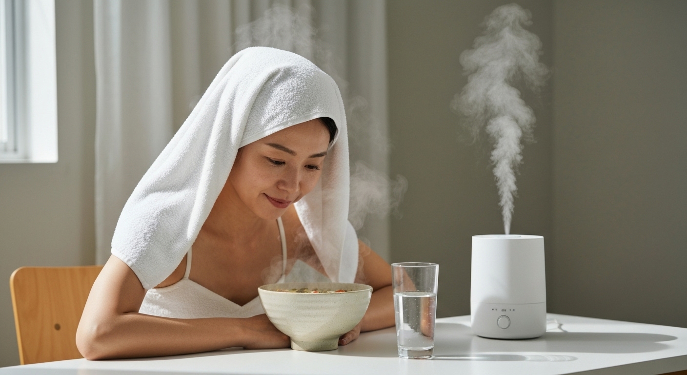 Hình ảnh minh họa các biện pháp chăm sóc viêm xoang tại nhà, bao gồm xông mũi, uống nhiều nước và sử dụng máy tạo độ ẩm.