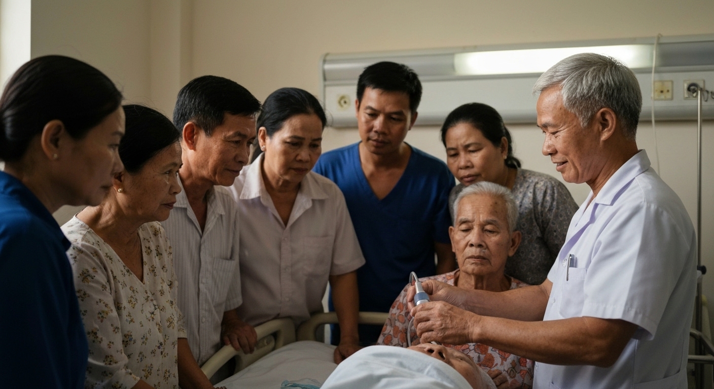 Gia đình và kỹ thuật viên y tế phối hợp chăm sóc bệnh nhân