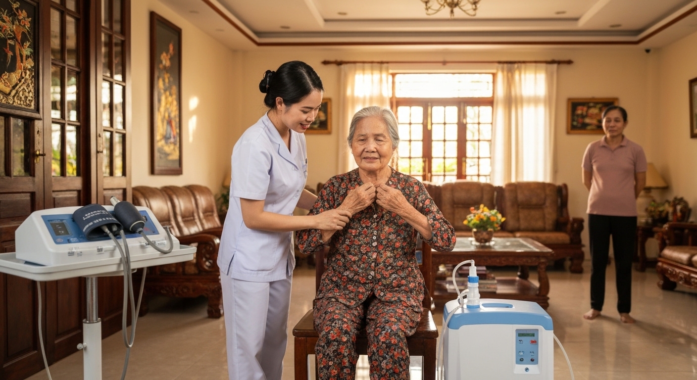 Hình ảnh minh họa dịch vụ chăm sóc bệnh phổi tại nhà, với điều dưỡng viên hỗ trợ bệnh nhân.