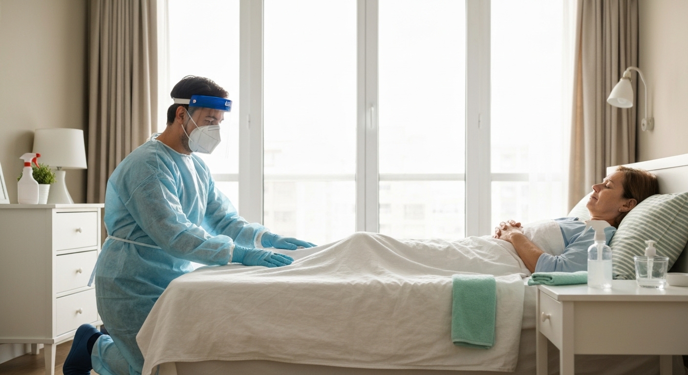 Người thân đang chăm sóc bệnh nhân COVID-19 tại nhà với đầy đủ trang bị bảo hộ.