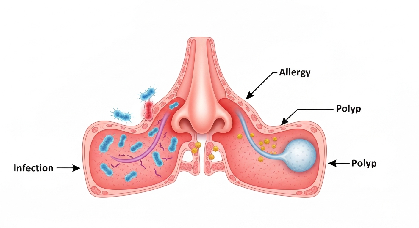 Hình ảnh minh họa các nguyên nhân phổ biến gây ra viêm xoang, như nhiễm trùng, dị ứng và polyp mũi.