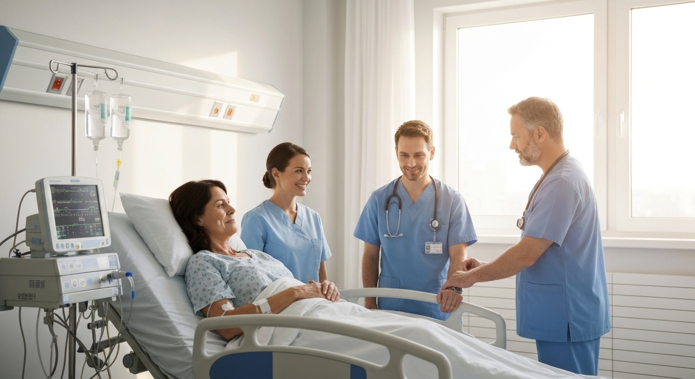 Hình ảnh chăm sóc bệnh nhân ung thư tại bệnh viện với các thiết bị y tế hiện đại