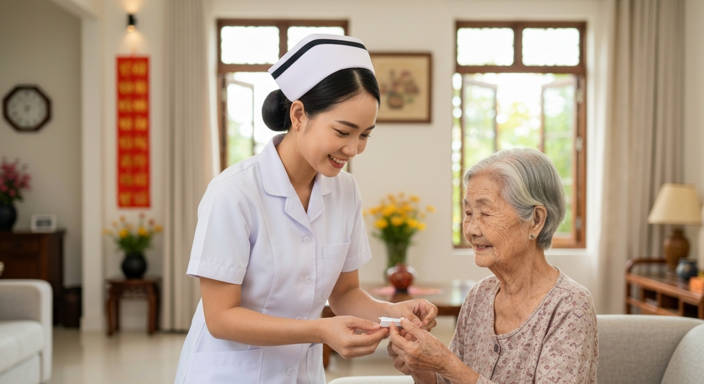 Hình ảnh điều dưỡng viên chăm sóc bệnh nhân lớn tuổi tại nhà.