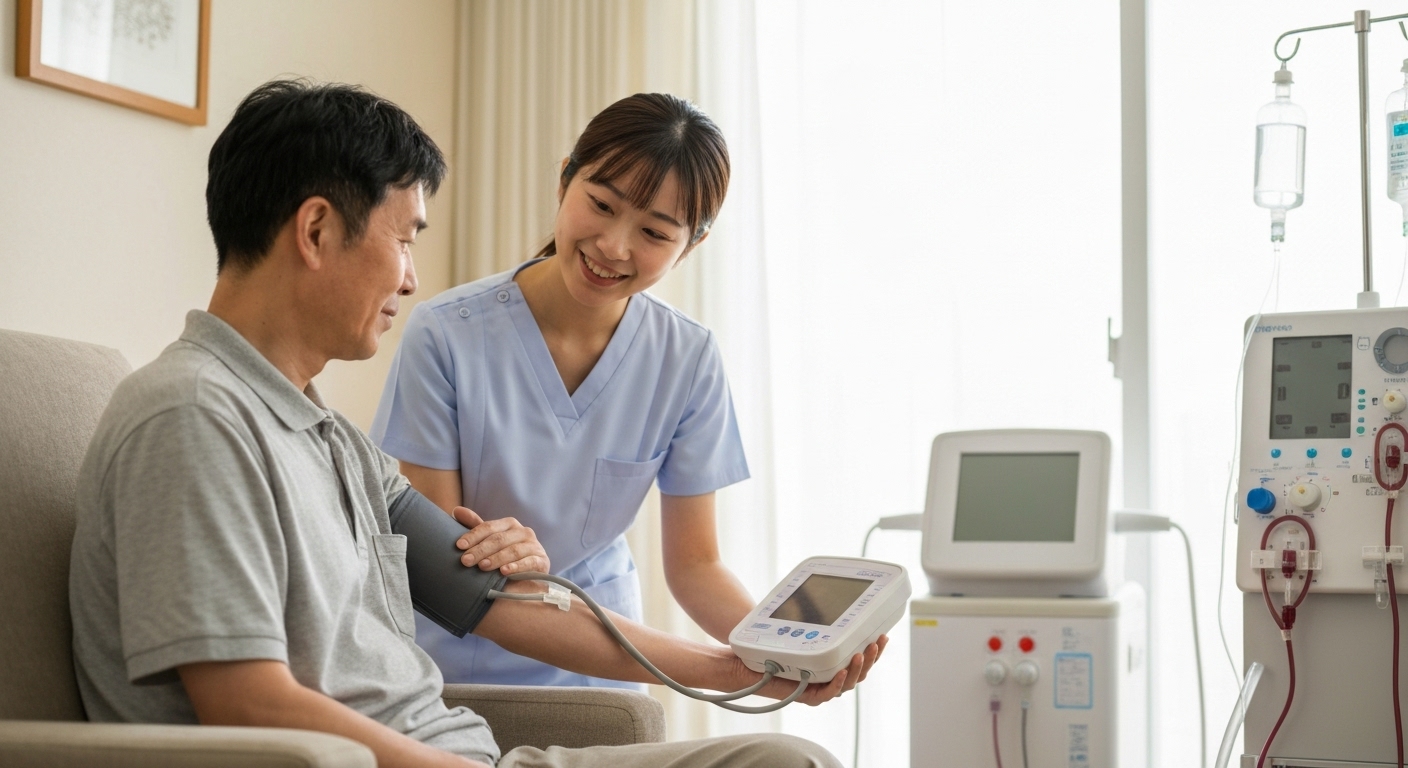 Hình ảnh minh họa dịch vụ chăm sóc bệnh nhân thận tại nhà, với y tá và bệnh nhân
