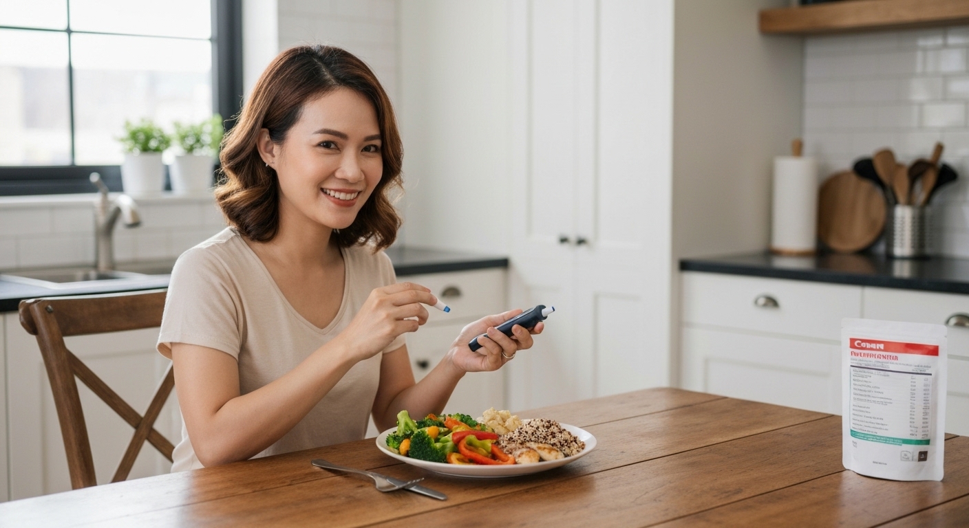 Hình ảnh minh họa việc kiểm soát đường huyết bằng máy đo đường huyết và chế độ ăn uống lành mạnh