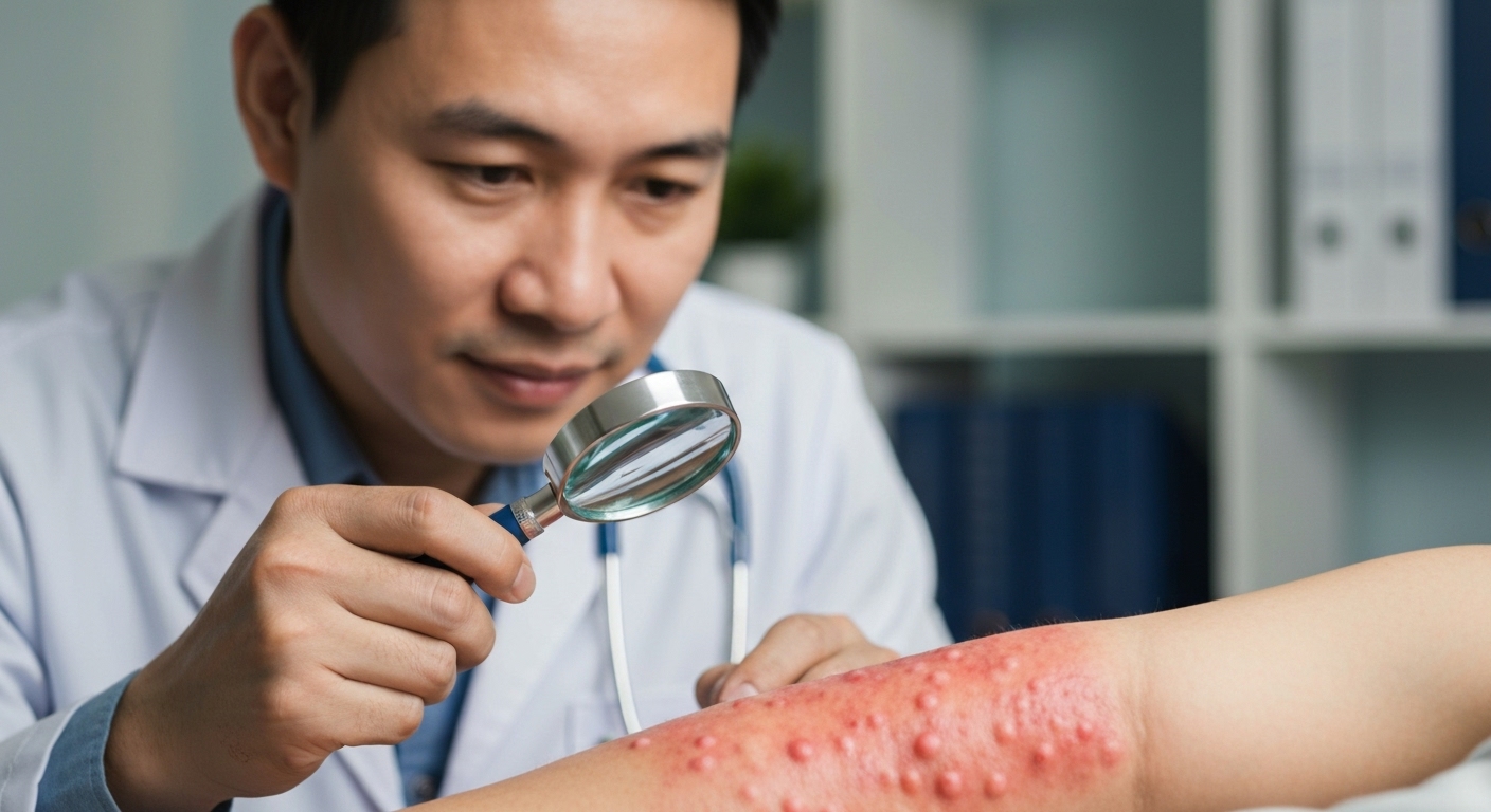 Hình ảnh bác sĩ đang khám cho bệnh nhân bị dị ứng