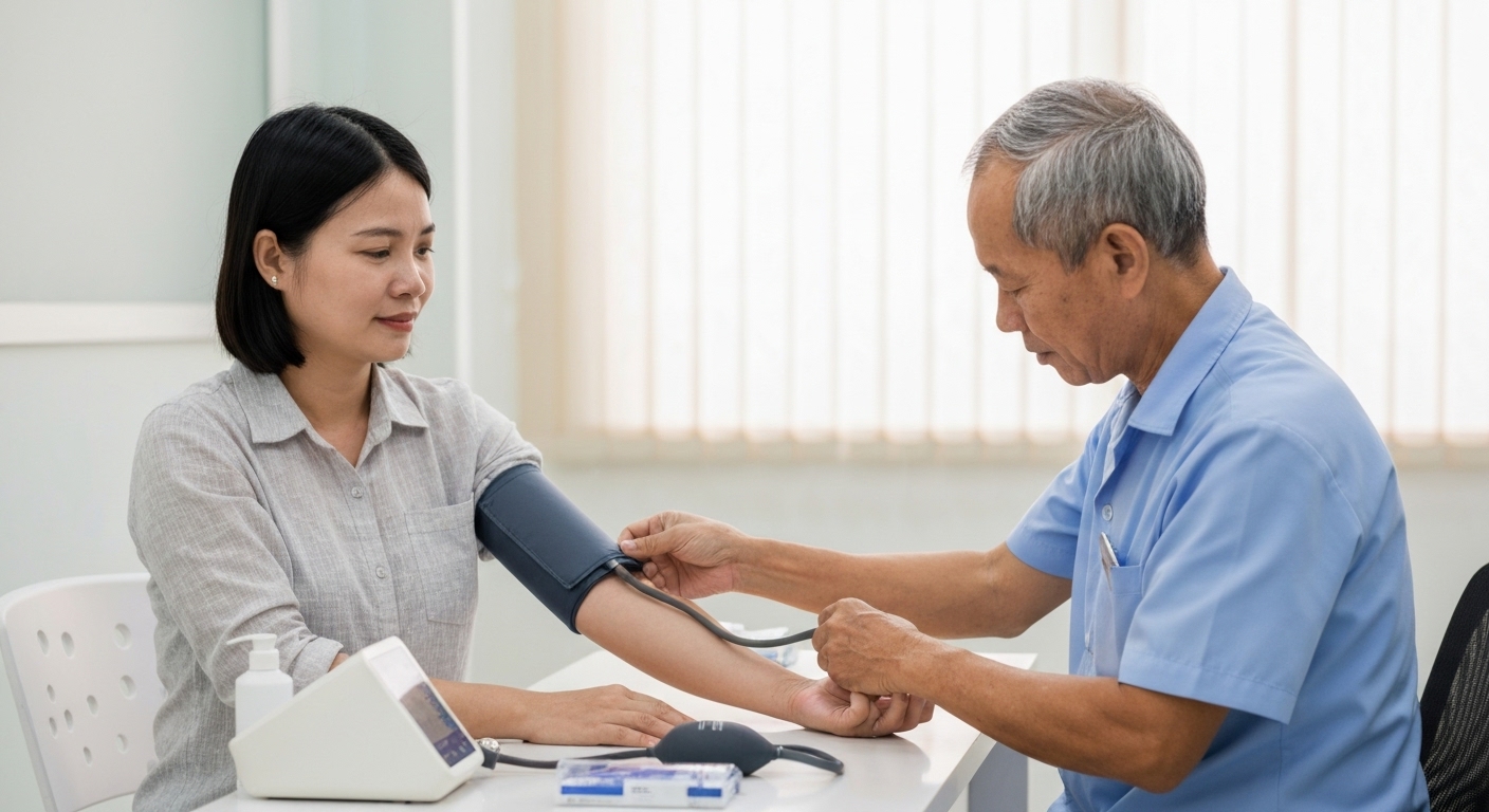 Kỹ thuật viên y tế đang đo huyết áp cho bệnh nhân
