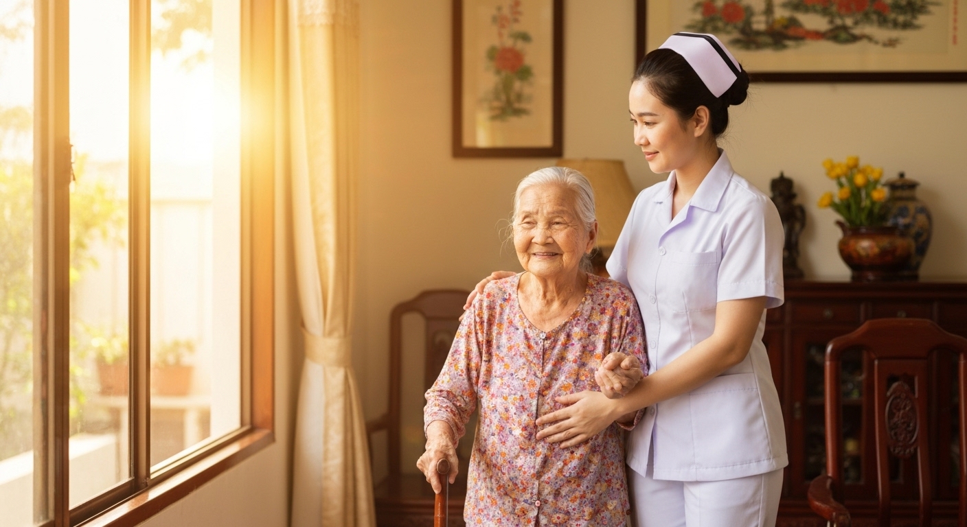 Điều dưỡng viên hỗ trợ người già sinh hoạt, đi lại tại nhà.