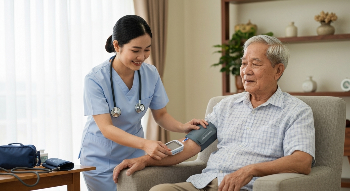 Hình ảnh minh họa dịch vụ chăm sóc bệnh nhân tiểu đường tại nhà với y tá chăm sóc người bệnh