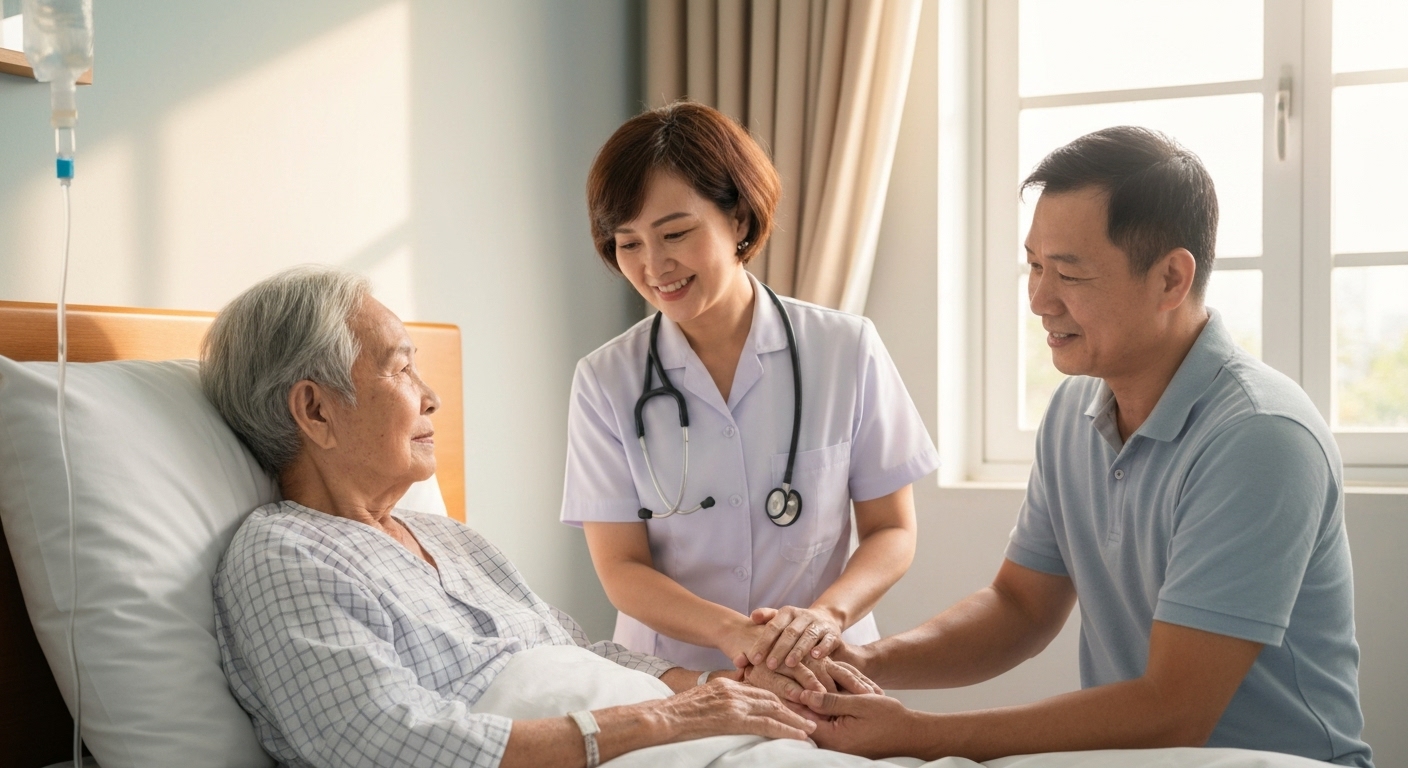 Hình ảnh chăm sóc bệnh nhân ung thư tại nhà với y tá và người thân