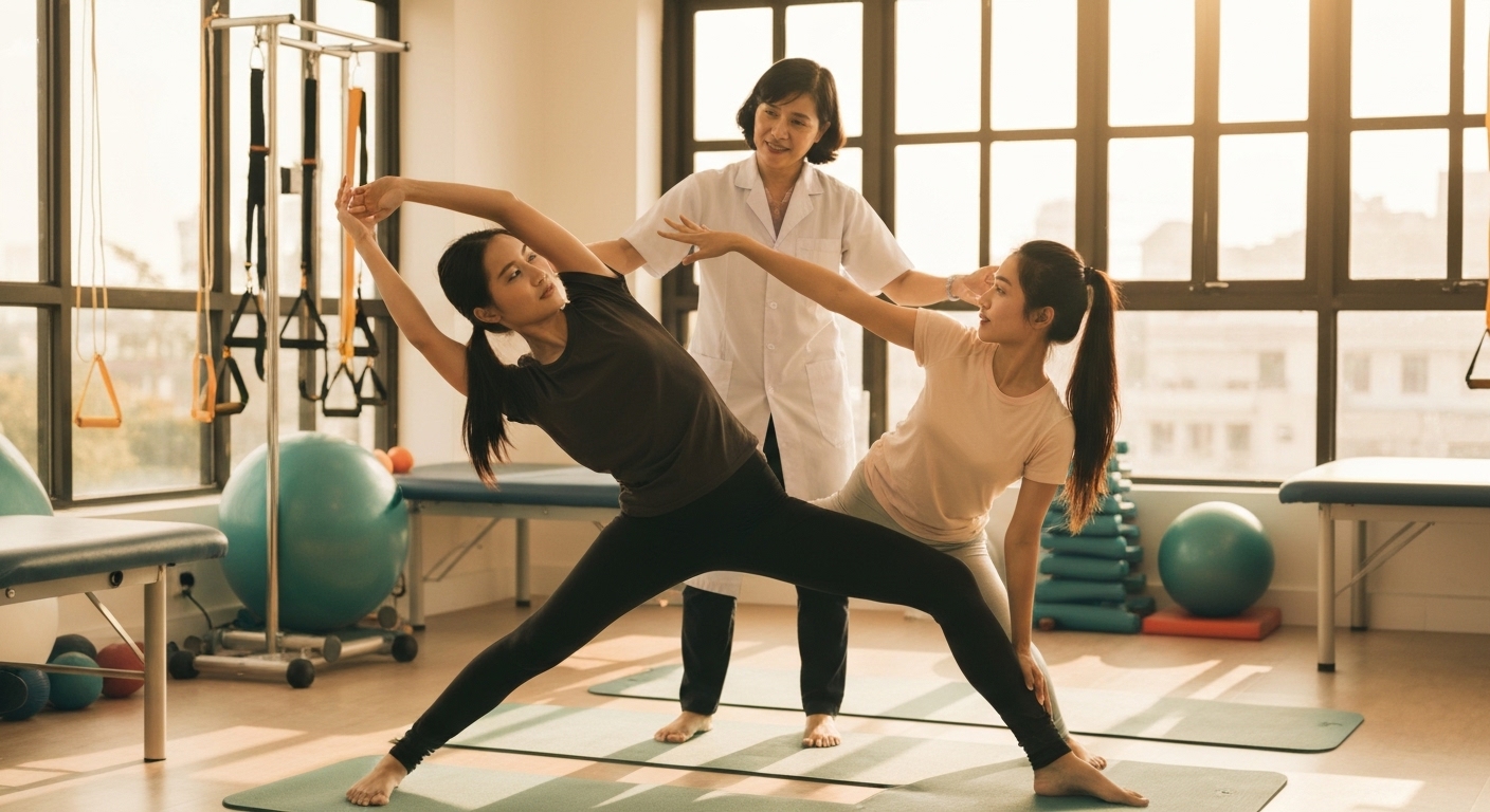 Bệnh nhân đang tập phục hồi chức năng với sự hướng dẫn của chuyên gia