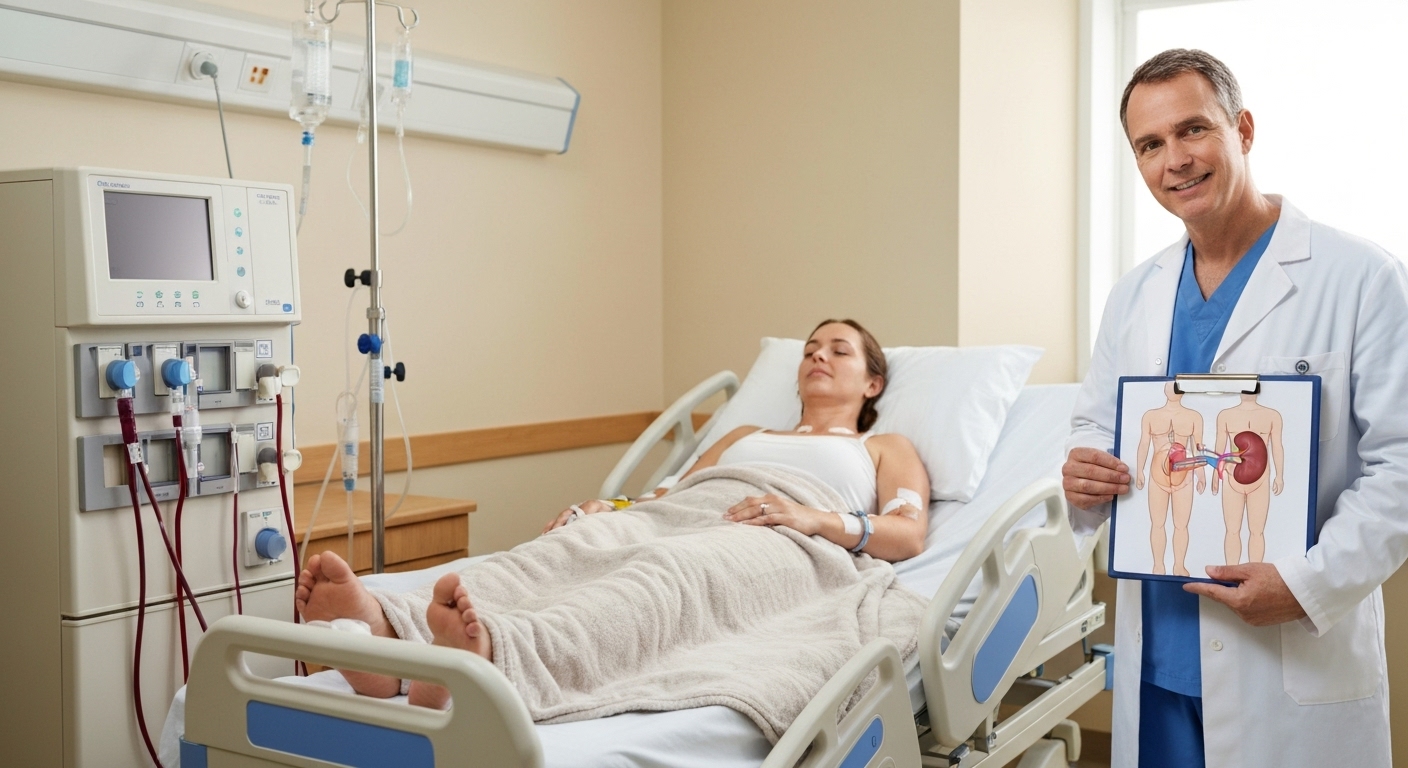 Hình ảnh minh họa quá trình lọc máu và ghép thận cho bệnh nhân suy thận giai đoạn cuối