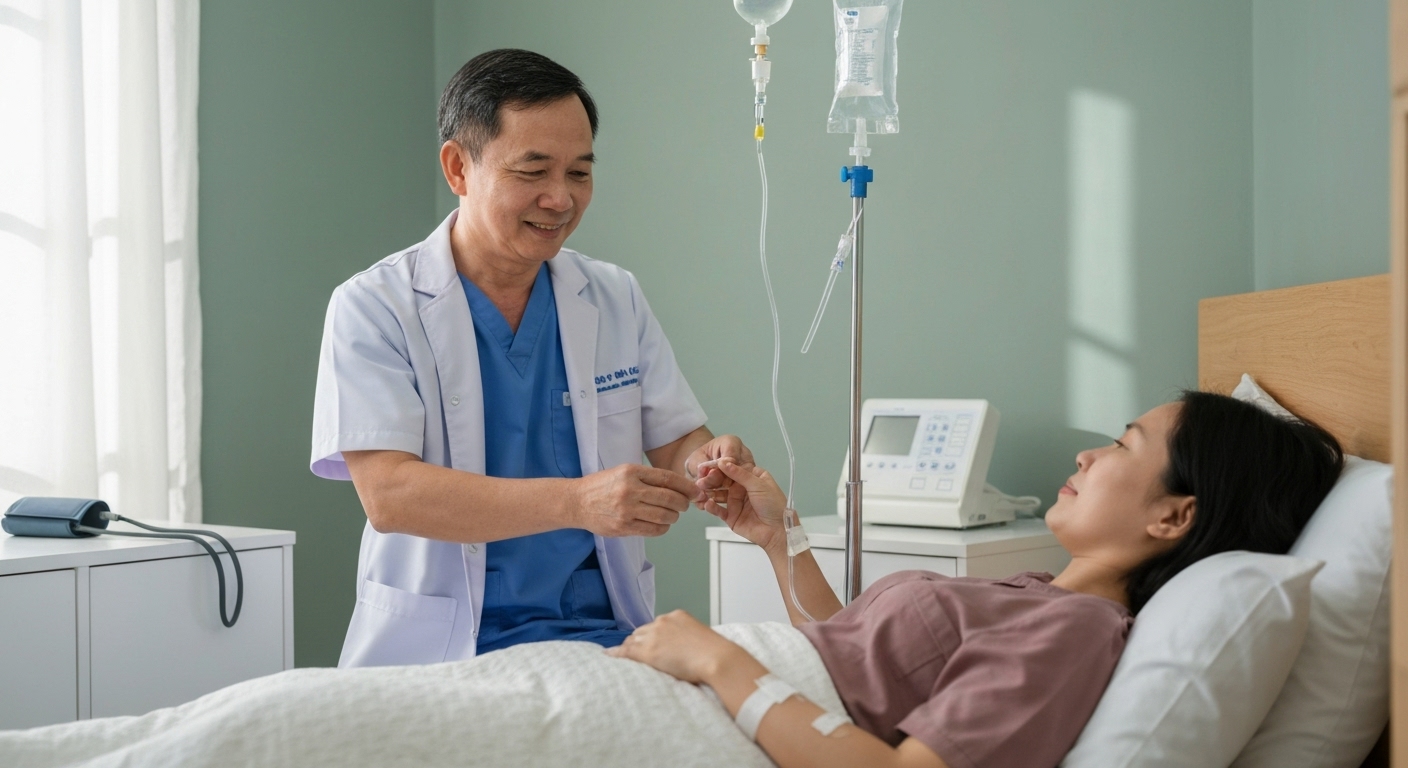 Hình ảnh nhân viên y tế đang chăm sóc bệnh nhân gan tại nhà.