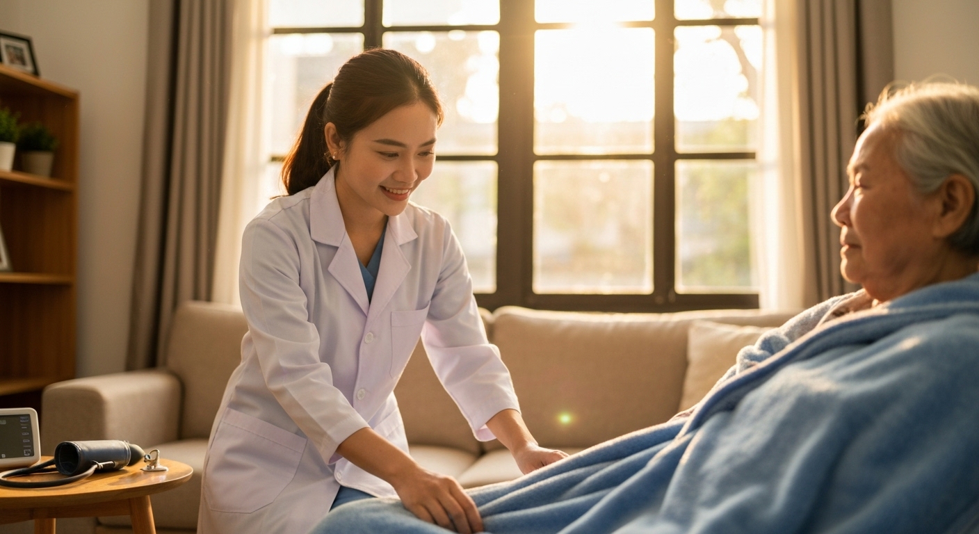 Kỹ thuật viên y tế chăm sóc bệnh nhân tại nhà với sự tận tâm