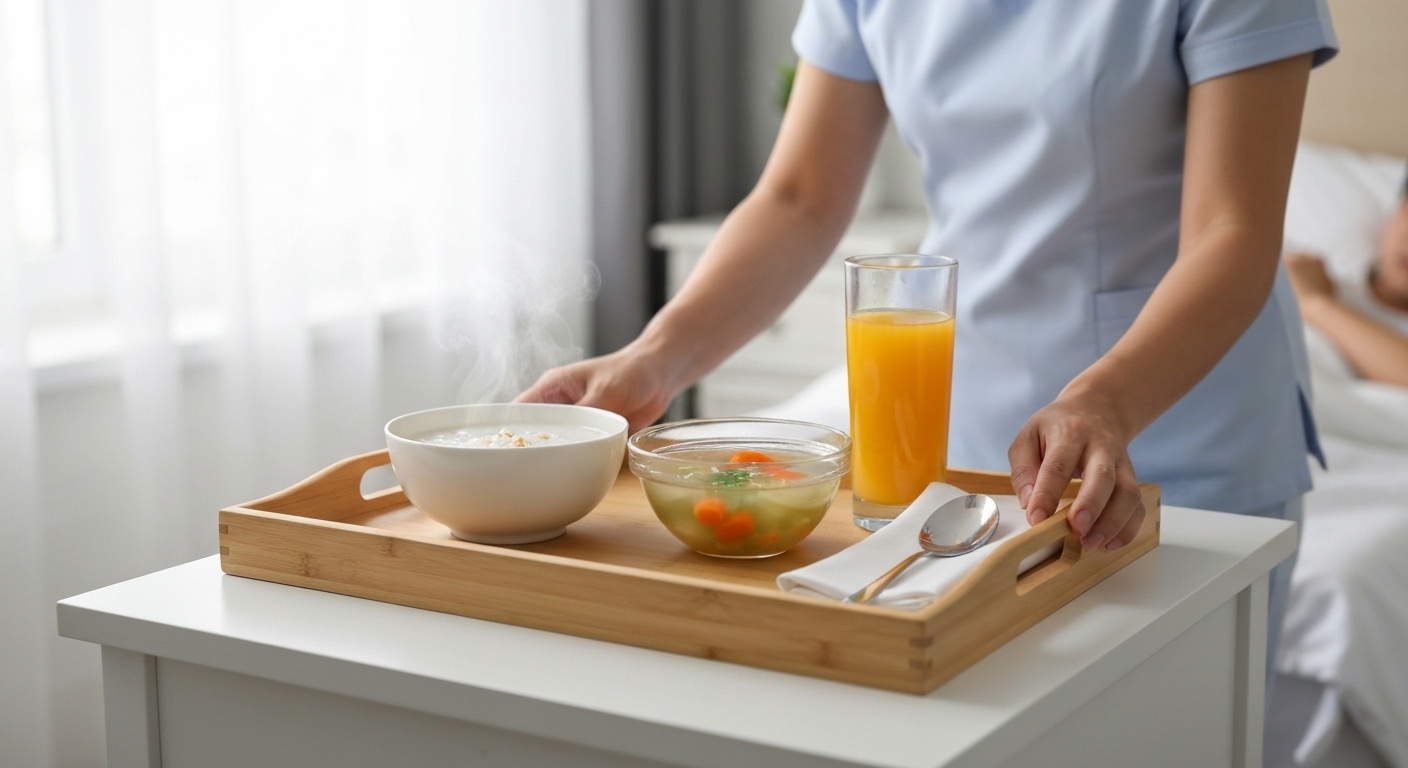 Bữa ăn dinh dưỡng cho người bệnh sốt xuất huyết bao gồm cháo loãng, súp và nước ép trái cây.