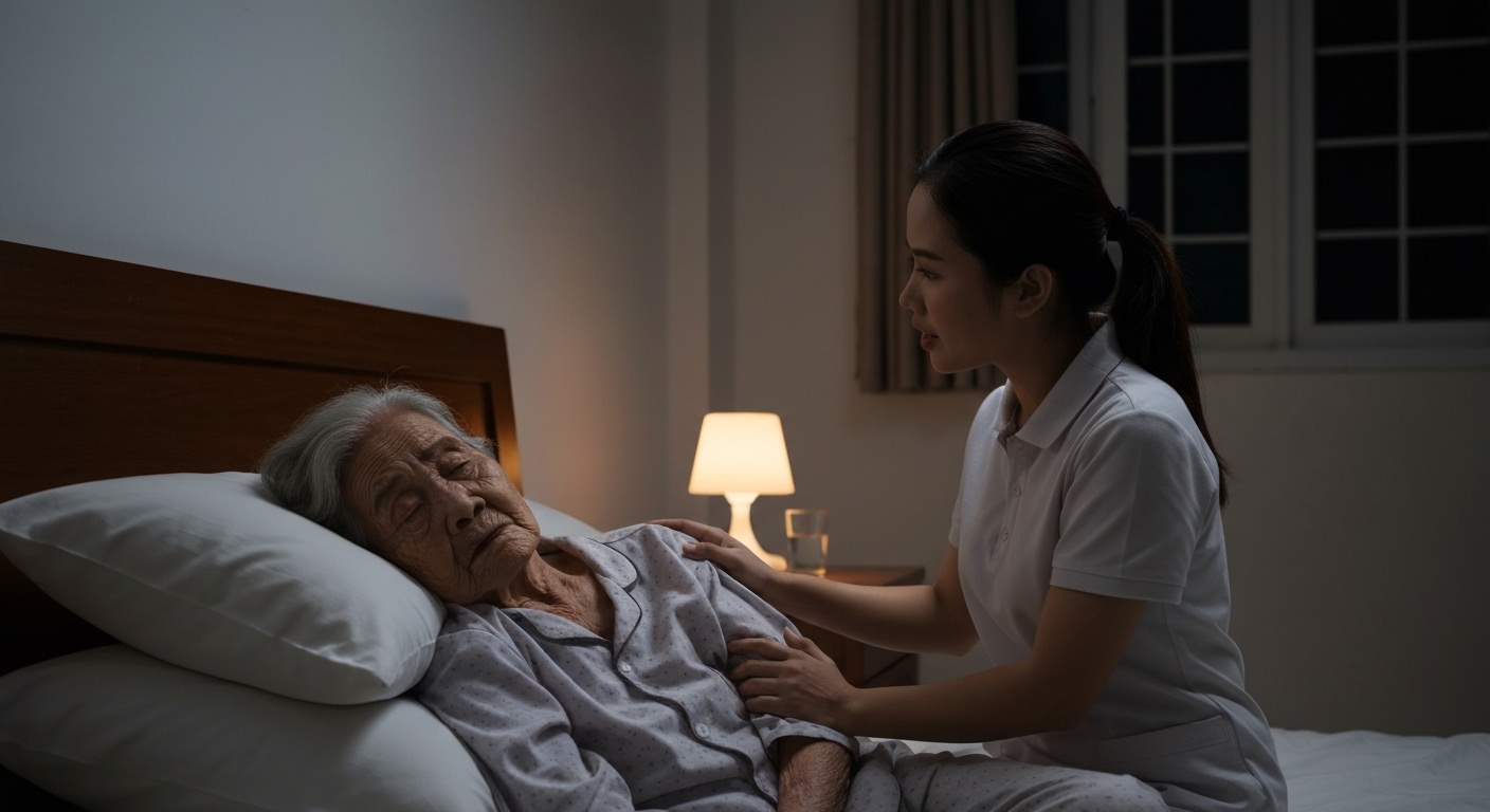 Nhân viên chăm sóc đang hỗ trợ và an ủi một bệnh nhân lớn tuổi tại nhà.