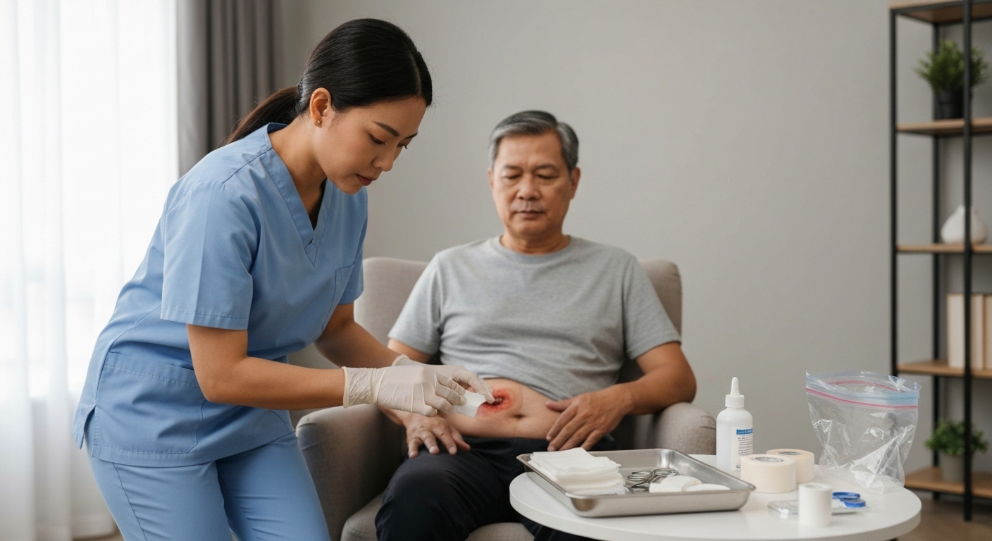 Bác sĩ chăm sóc vết thương sau phẫu thuật cho bệnh nhân