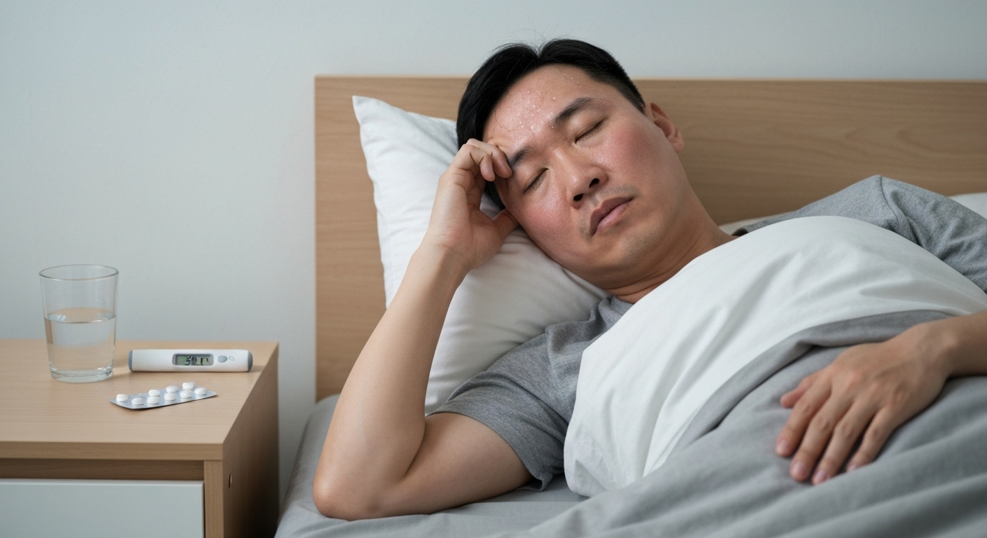 Hình ảnh một người đang có các triệu chứng cúm mùa như sốt, đau đầu, ho và mệt mỏi.