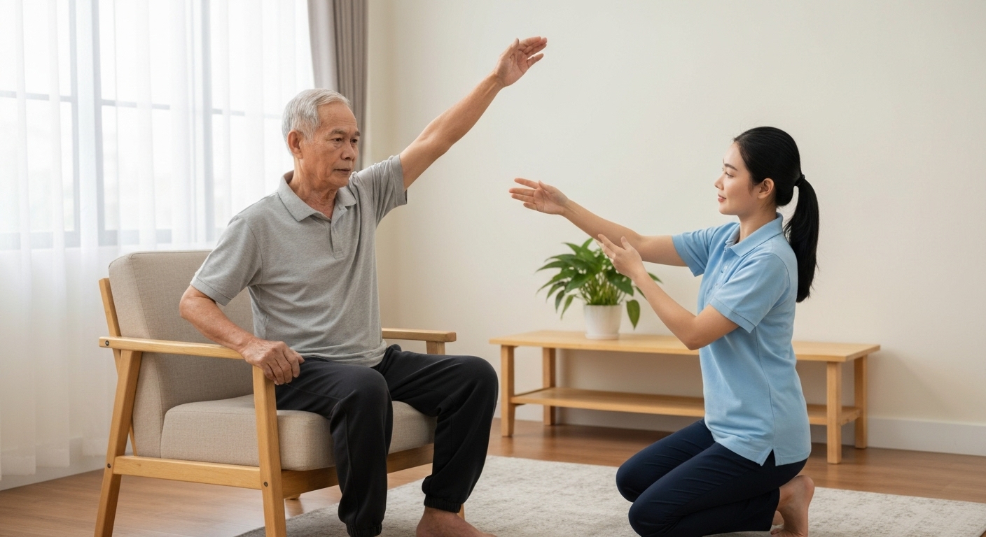Hình ảnh điều dưỡng viên đang giúp bệnh nhân lớn tuổi thực hiện các bài tập vật lý trị liệu tại nhà trong không gian thoải mái