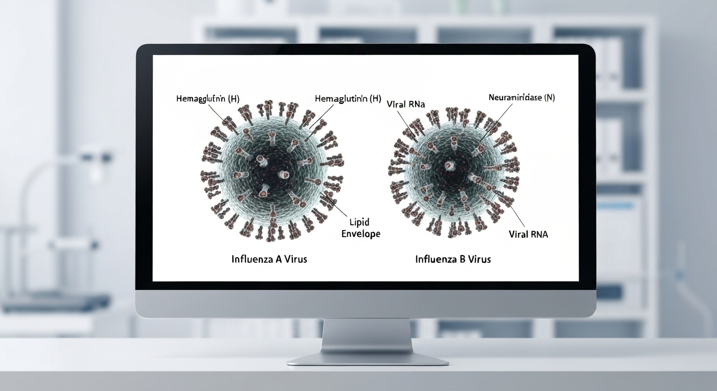 Minh họa cấu trúc các loại virus cúm A và B với các protein bề mặt H và N.