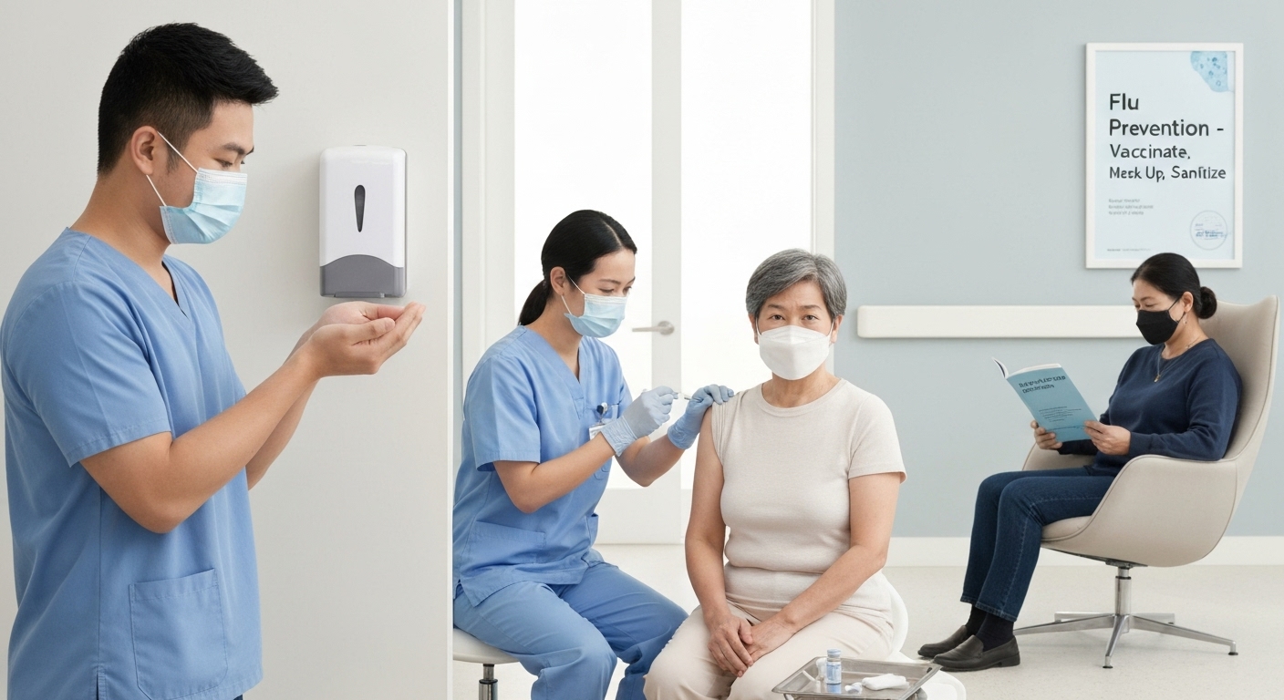 Các biện pháp phòng ngừa cúm mùa bao gồm tiêm vắc-xin, đeo khẩu trang và rửa tay sát khuẩn.
