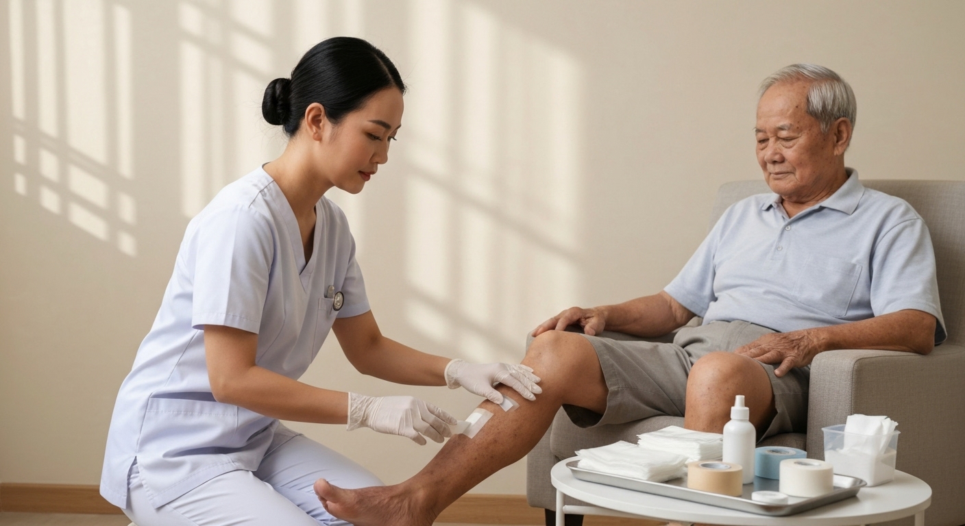 Y tá chăm sóc người già tại nhà, hỗ trợ thay băng