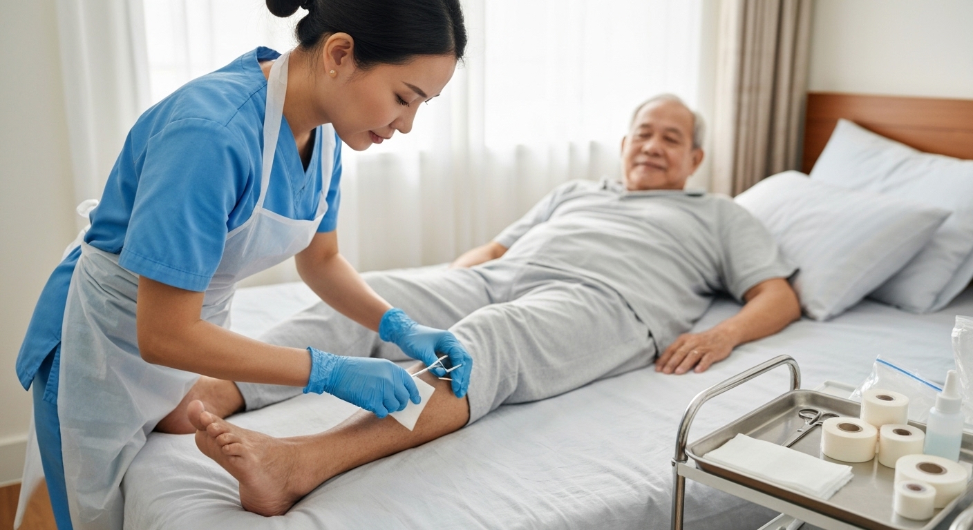 Y tá chuyên nghiệp đang thực hiện thay băng cho bệnh nhân