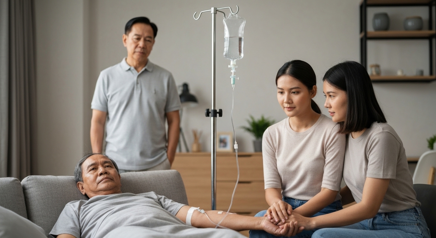 Gia đình theo dõi bệnh nhân truyền dịch tại nhà
