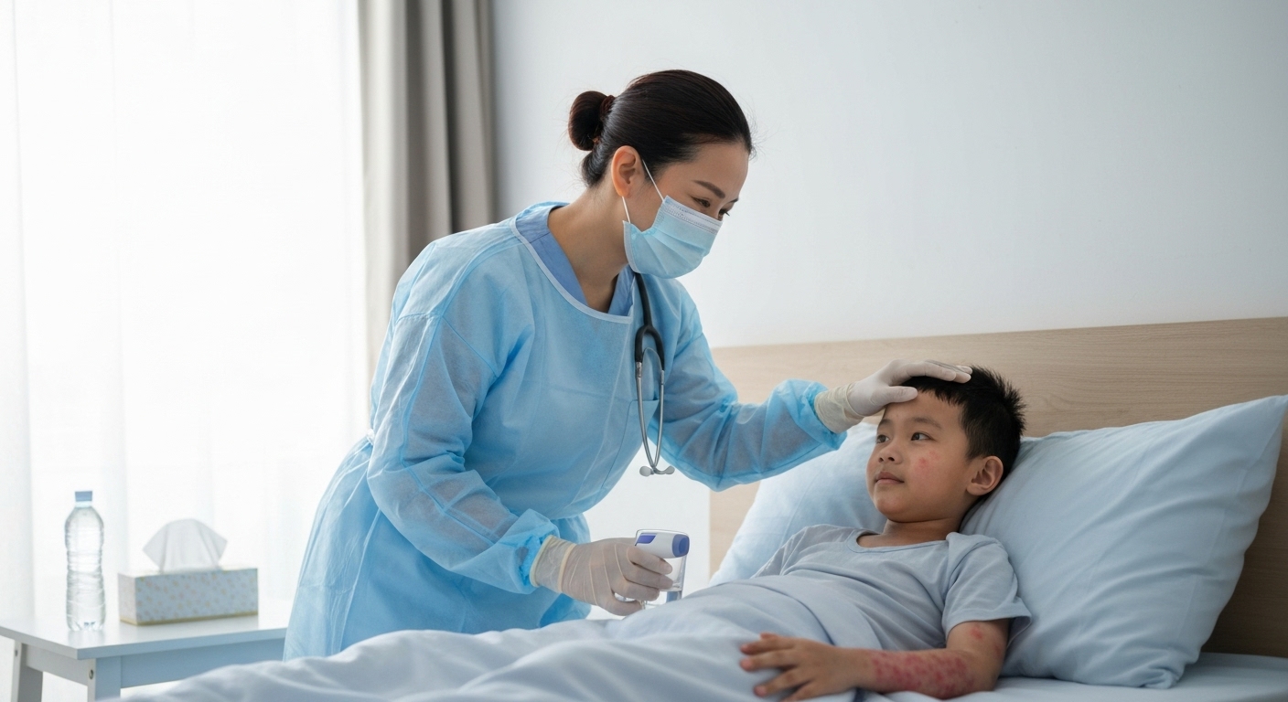 Y tá chuyên nghiệp đang chăm sóc và trấn an bệnh nhân sởi tại nhà.