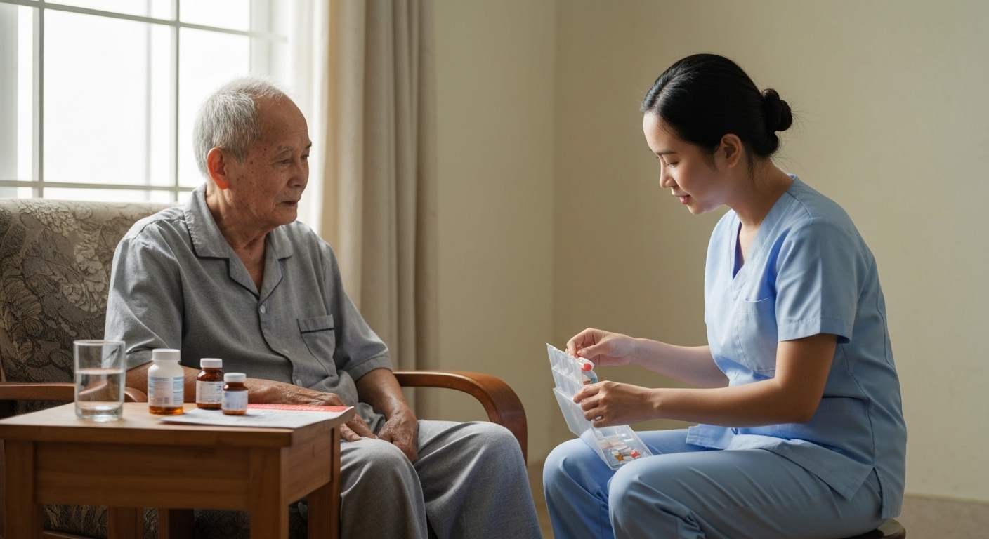 Một nhân viên y tế đang tận tình chăm sóc bệnh nhân lớn tuổi tại nhà riêng.