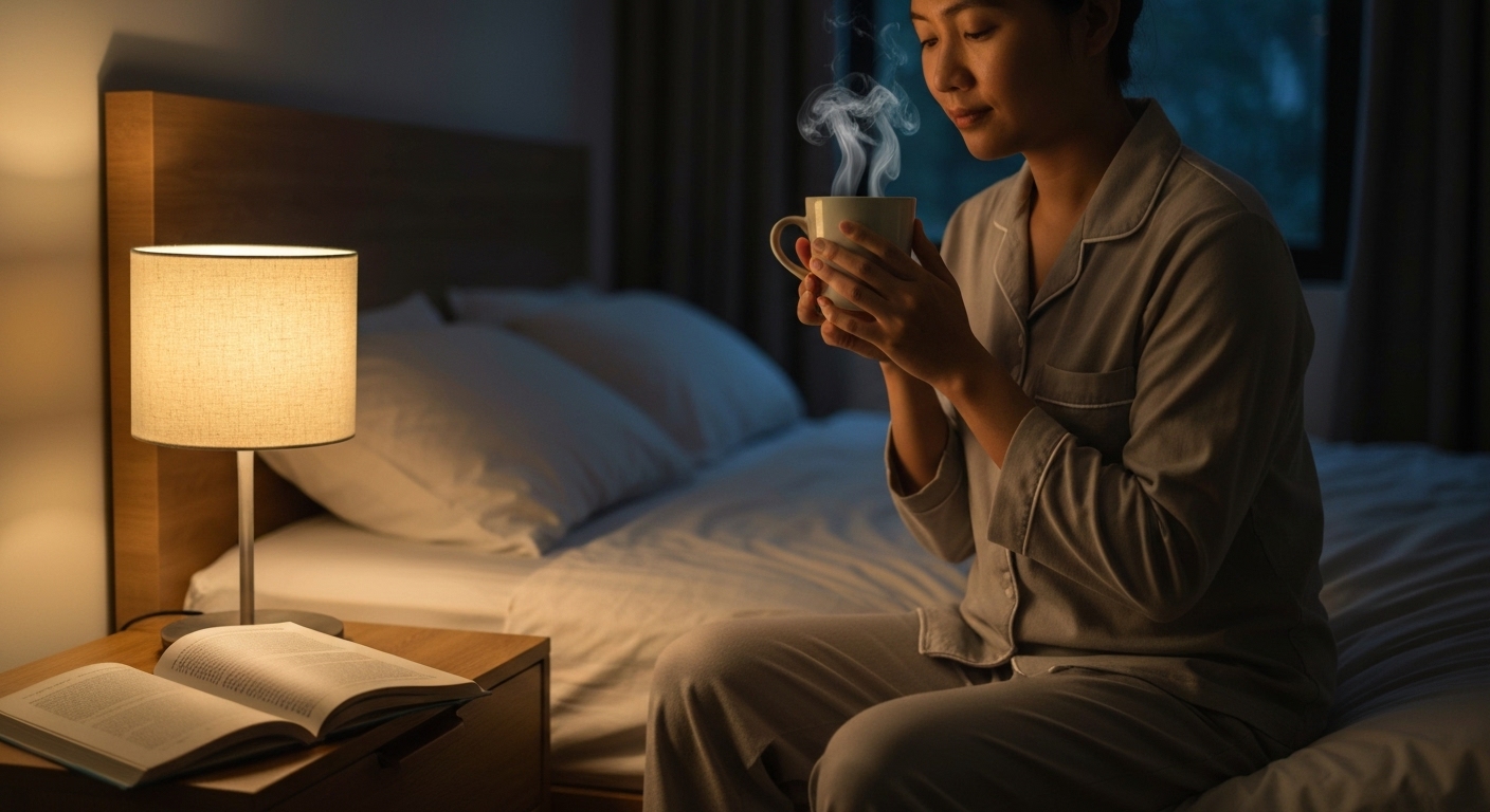 Một người đang thư giãn với tách trà thảo mộc ấm trước khi ngủ để cải thiện giấc ngủ.