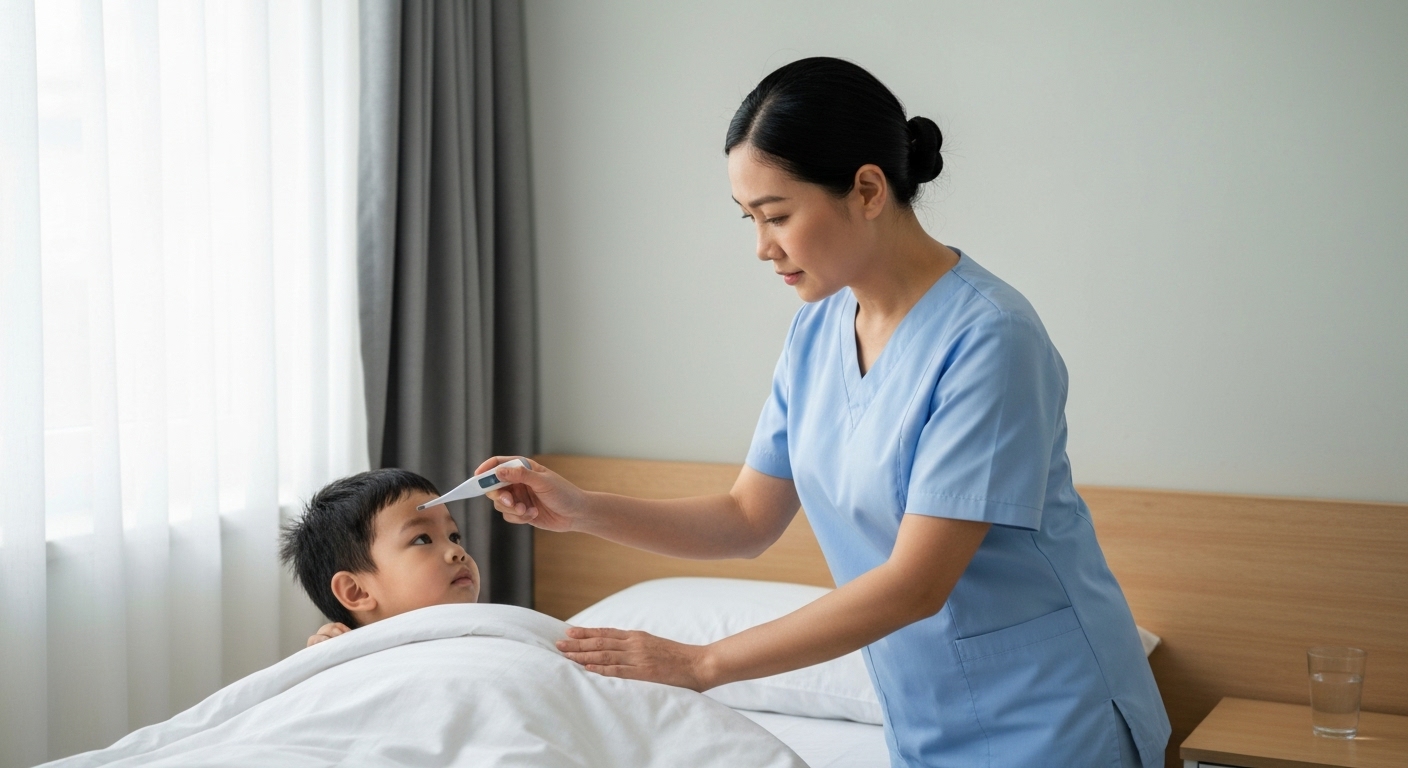 Hình ảnh một y tá đang chăm sóc bệnh nhân tại nhà, đo nhiệt độ