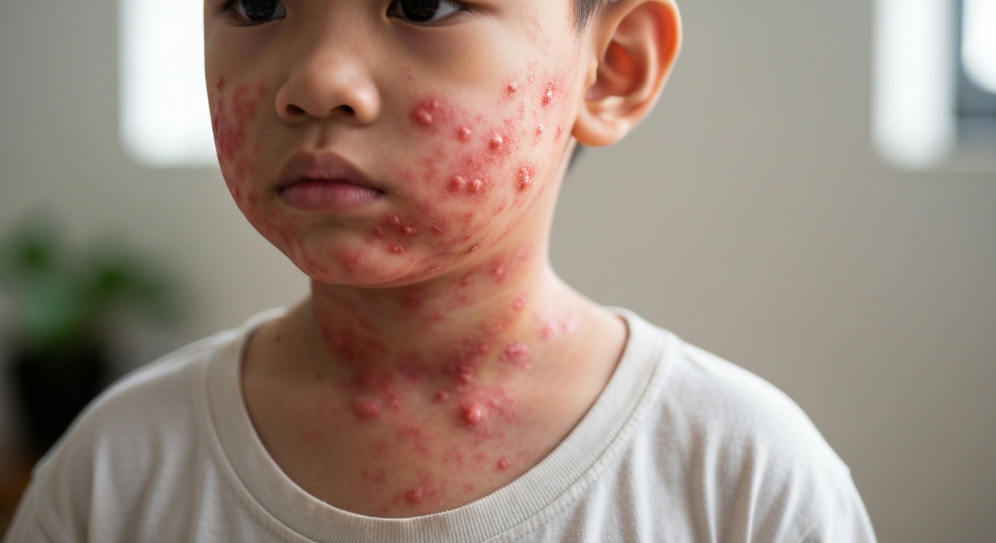 Hình ảnh ban sởi đỏ đặc trưng trên da của một trẻ em bị sởi.