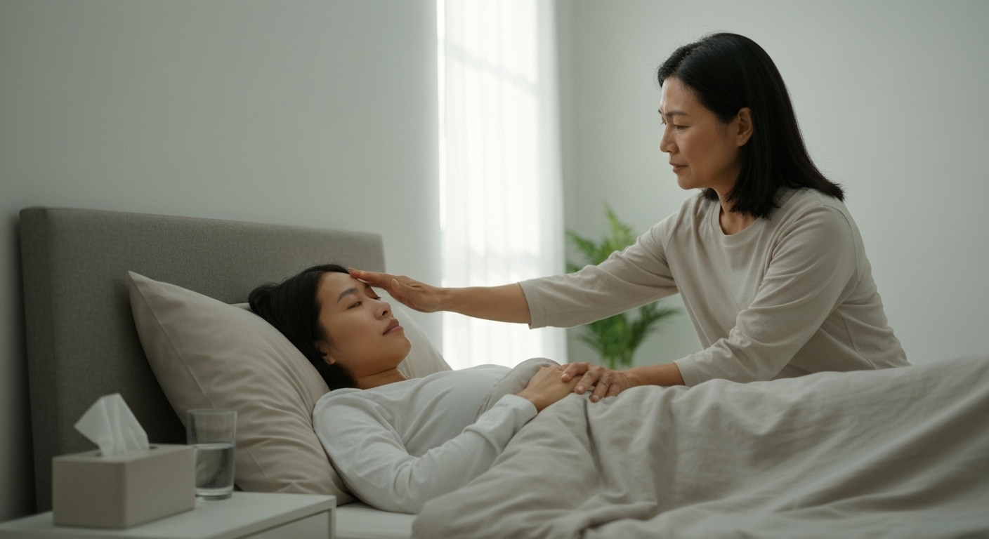 Một người đang nghỉ ngơi trên giường, được chăm sóc bởi người thân, tượng trưng cho việc chăm sóc bệnh nhân cúm tại nhà.