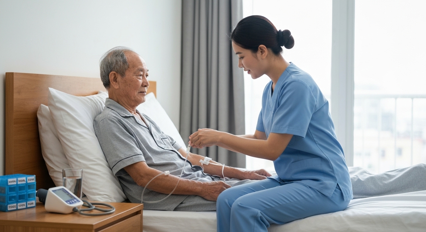 Điều dưỡng viên đang chăm sóc một bệnh nhân ung thư gan lớn tuổi tại nhà.