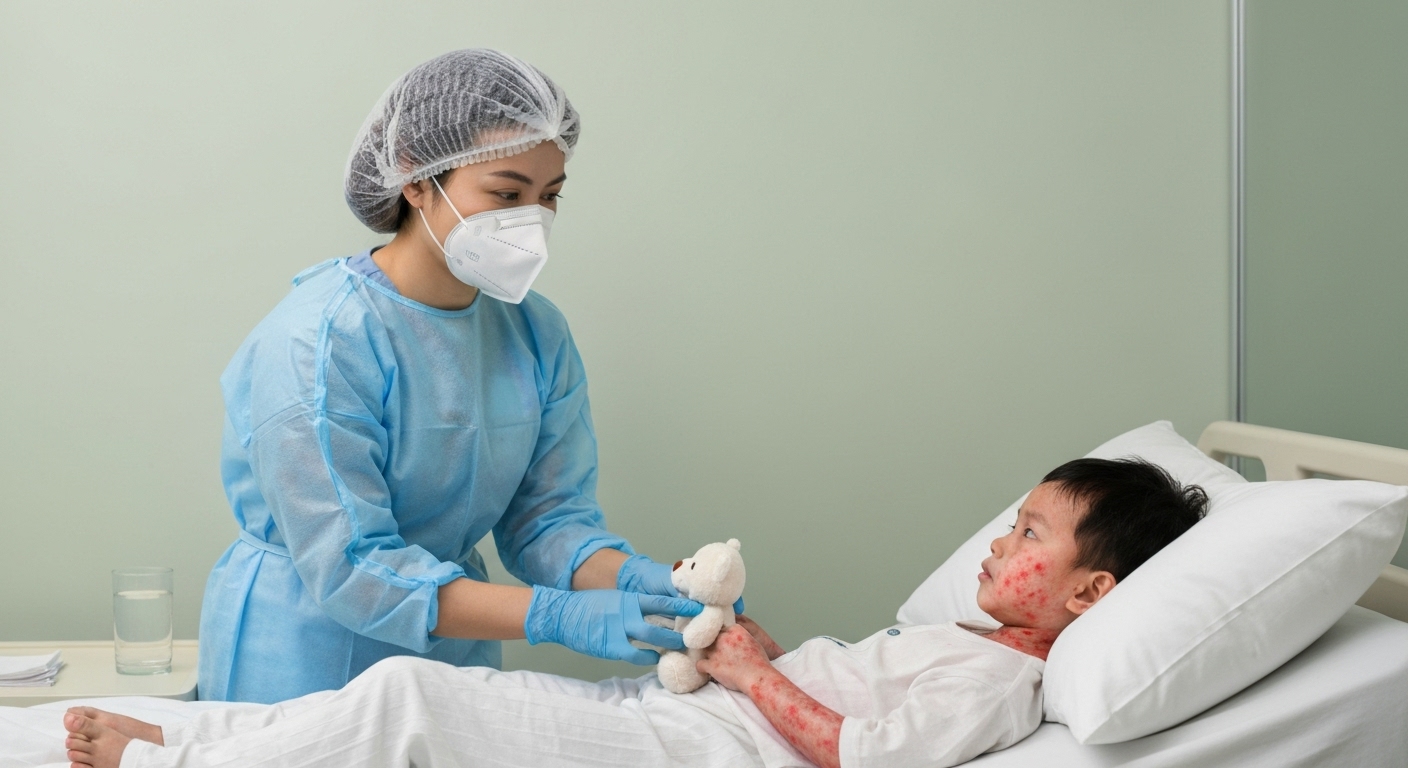 Người chăm sóc đeo khẩu trang đang tương tác với trẻ bị sởi trong phòng cách ly.