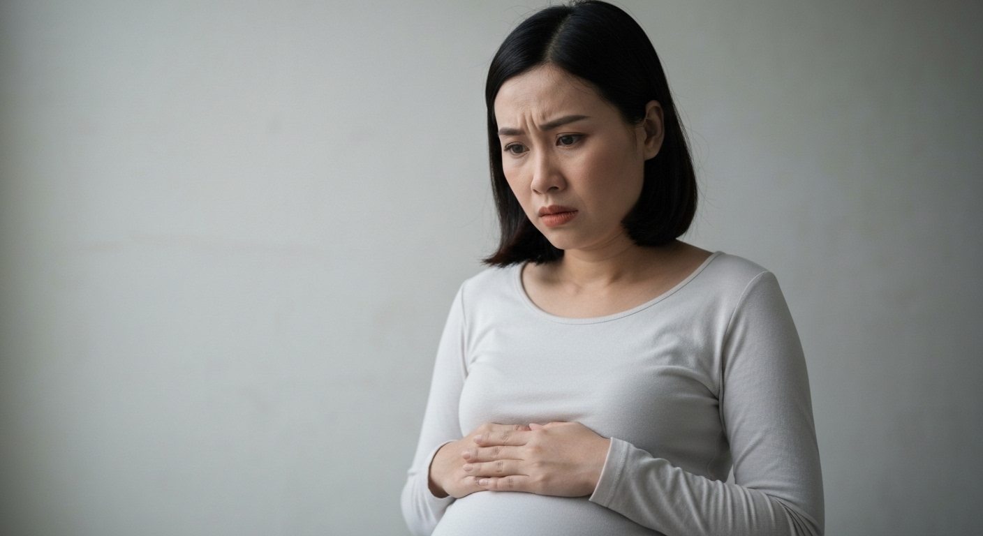 Hình ảnh phụ nữ mang thai với biểu cảm lo lắng, tượng trưng cho nguy cơ của rubella